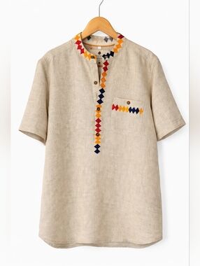 The Territory Ahead Men's Beige Short-Sleeve Linen Shirt Multicolor Embroidery M